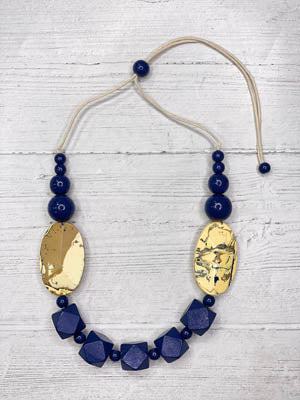 Alisha D Handmade Wood Beaded Statement Necklace Adjustable Cord Navy Cream