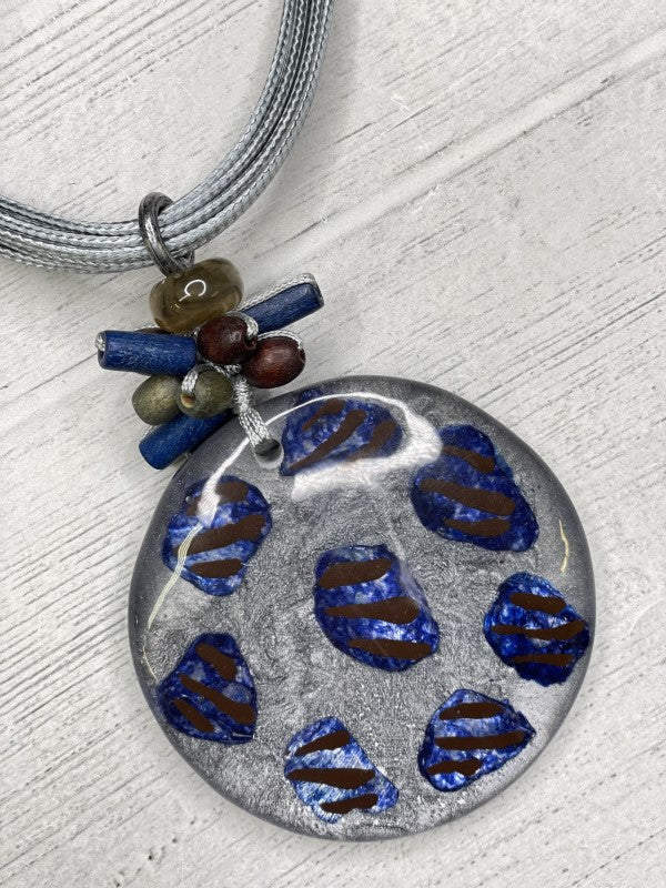 Alisha D Blue Grey Resin Pendant Multi Stands Cord