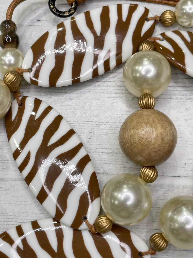 Alisha D Long Statement Necklace Animal Print Beige White