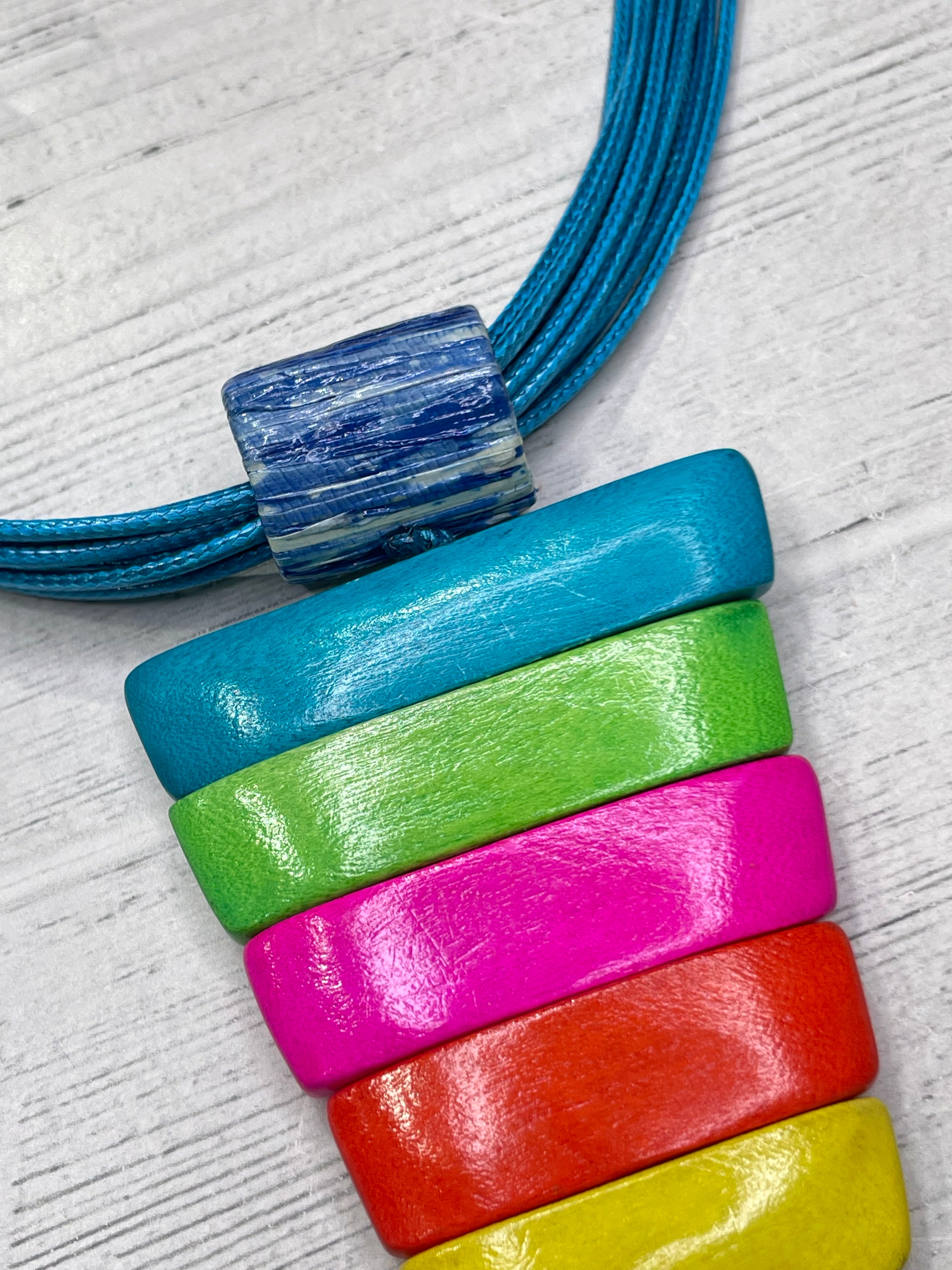 Alisha D Multicolor Wood Pendant Statement Necklace Blue Cord