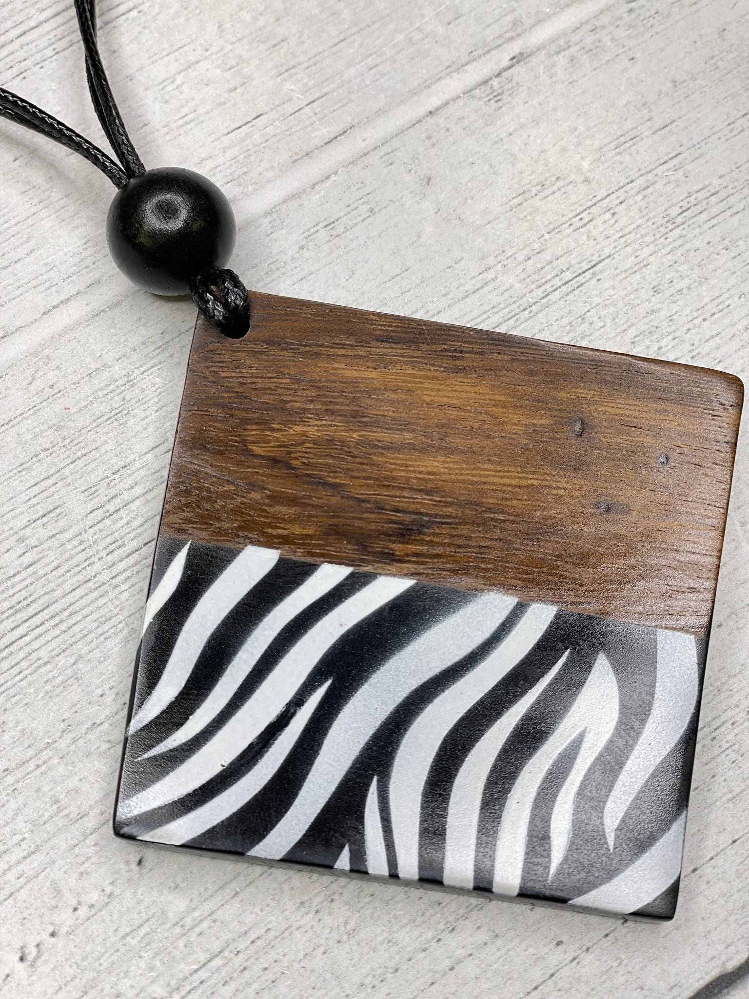 Alisha D Wood Pendant Animal Print Hand Painted Necklace Adjustable Cord