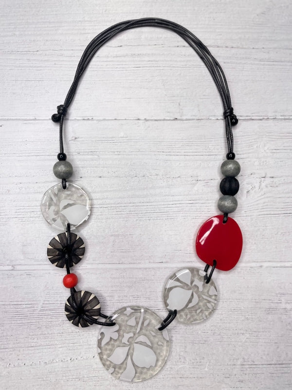 Alisha D Red Grey Resin Disc Statement Necklace Adjustable Cord