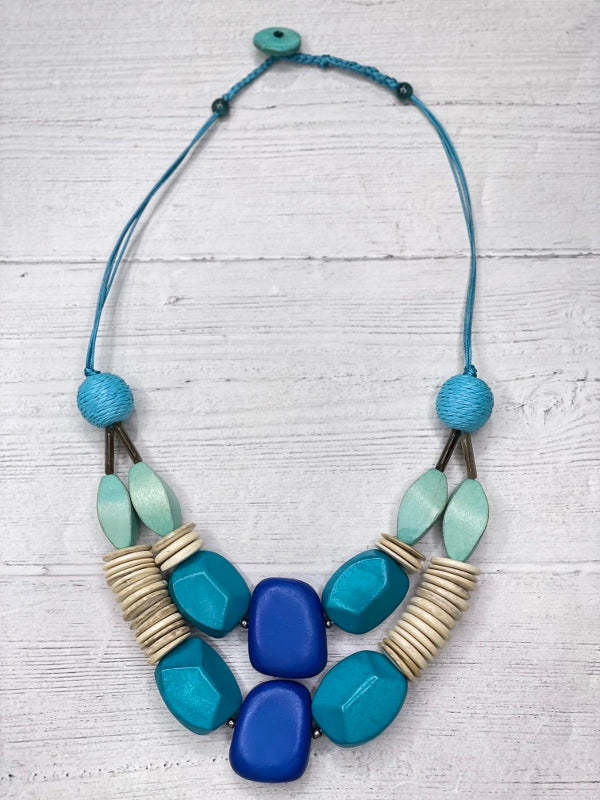 Alisha D Handmade Chunky Statement Necklace Blue Ivory Wood