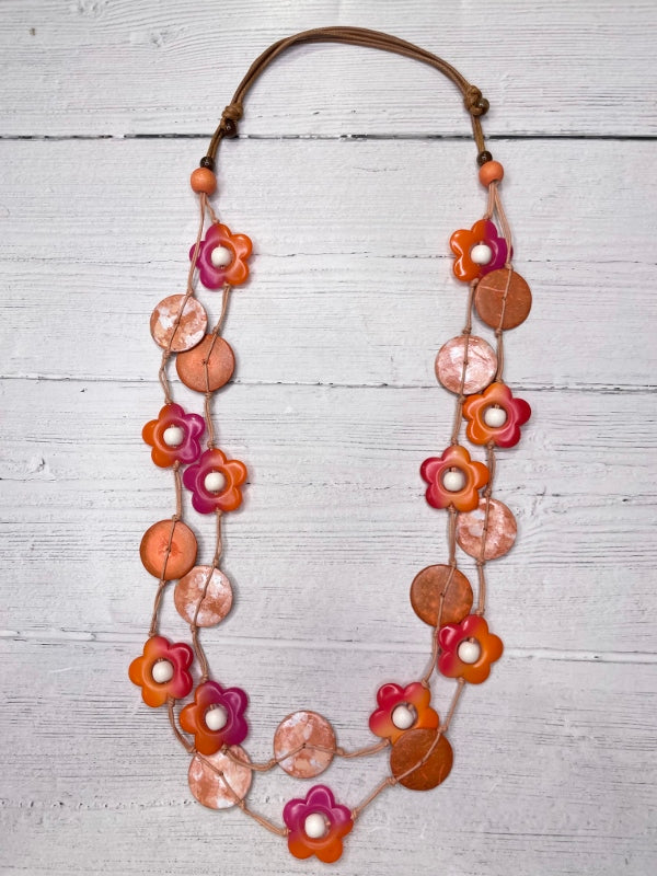 Alisha D Handmade Orange Flower Long Statement Necklace Multi Strand Adjustable Cord