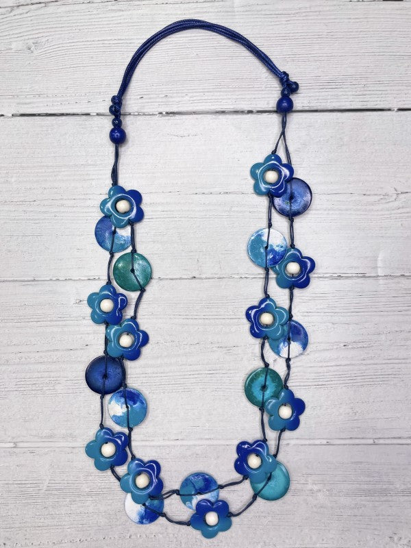 Alisha D Handmade Blue Flower Long Statement Necklace Multi Strand Adjustable Cord