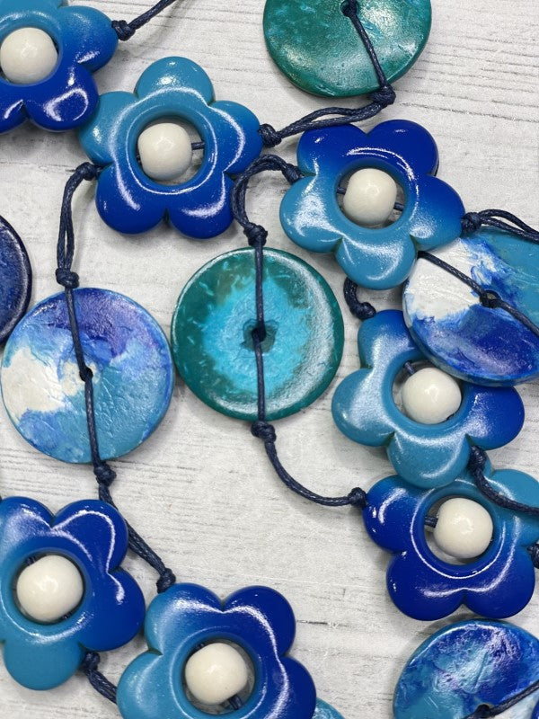 Alisha D Handmade Blue Flower Long Statement Necklace Multi Strand Adjustable Cord