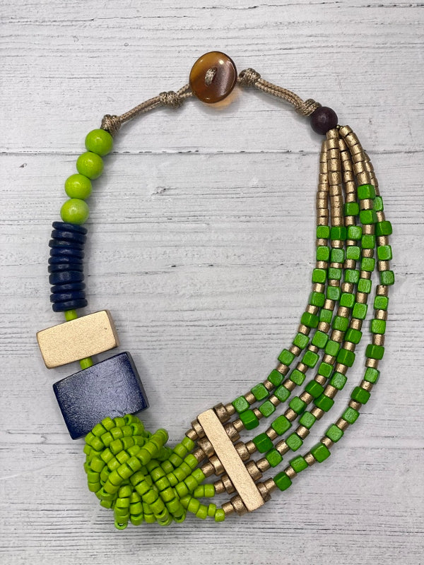 Alisha D Handmade Short Statement Necklace Multi Strands Gold Green Wood Beaded