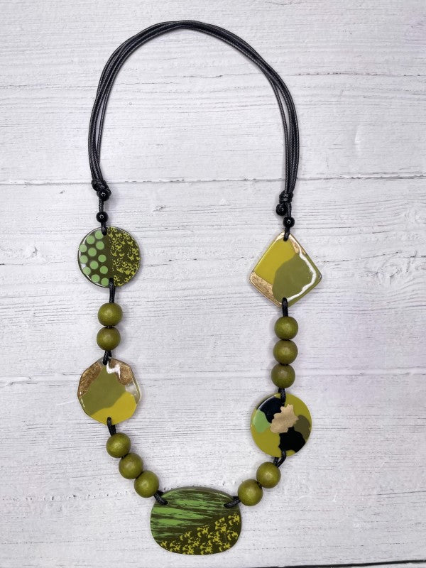 Alisha D Long Statement Necklace Adjustable Cord Olive Shade Resin Beaded
