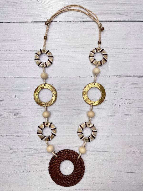 Alisha D Handmade Resin and Fabric Pieces Brown Ecru Necklace Adjustable Cord