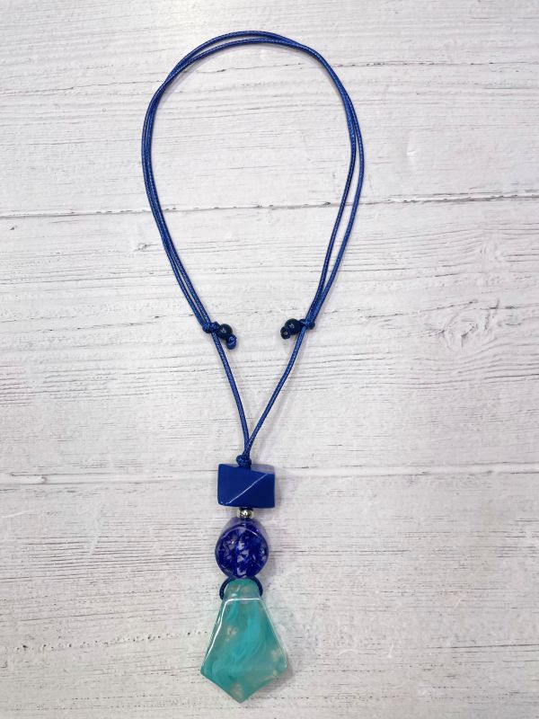Alisha D Necklace Asymmetrical Blue Tone Resin Pendant Adjustable Cord