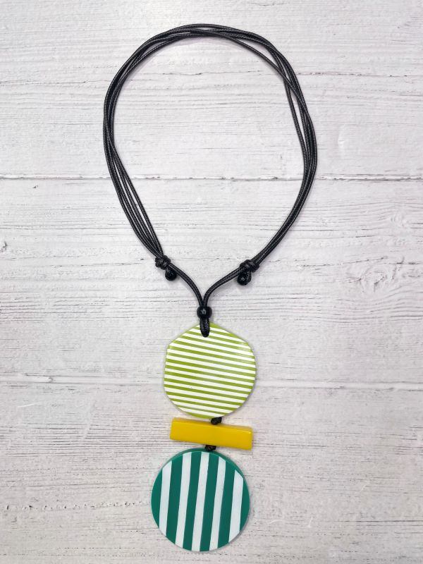 Alisha D Lime Green Stripped Resin Pendant Necklace Adjustable Cord