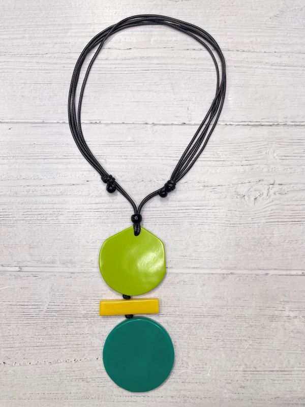 Alisha D Lime Green Stripped Resin Pendant Necklace Adjustable Cord