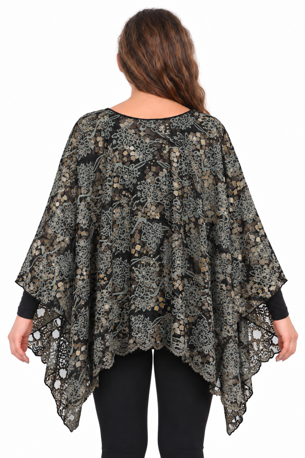Women's Teal & Gold Lace Poncho – One Size Scalloped Hem - "Zetta"