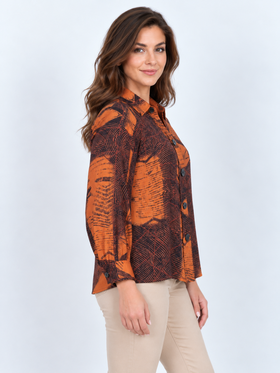 LIOR Women's Rust Tribal Print Button Front Long Sleeve Shirt - "Columbia"