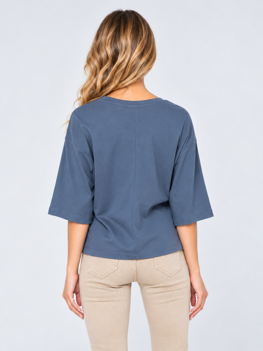 Women's Indigo 100% Cotton V -Neck 3/4 Bell Sleeve Top - Relaxed Fit