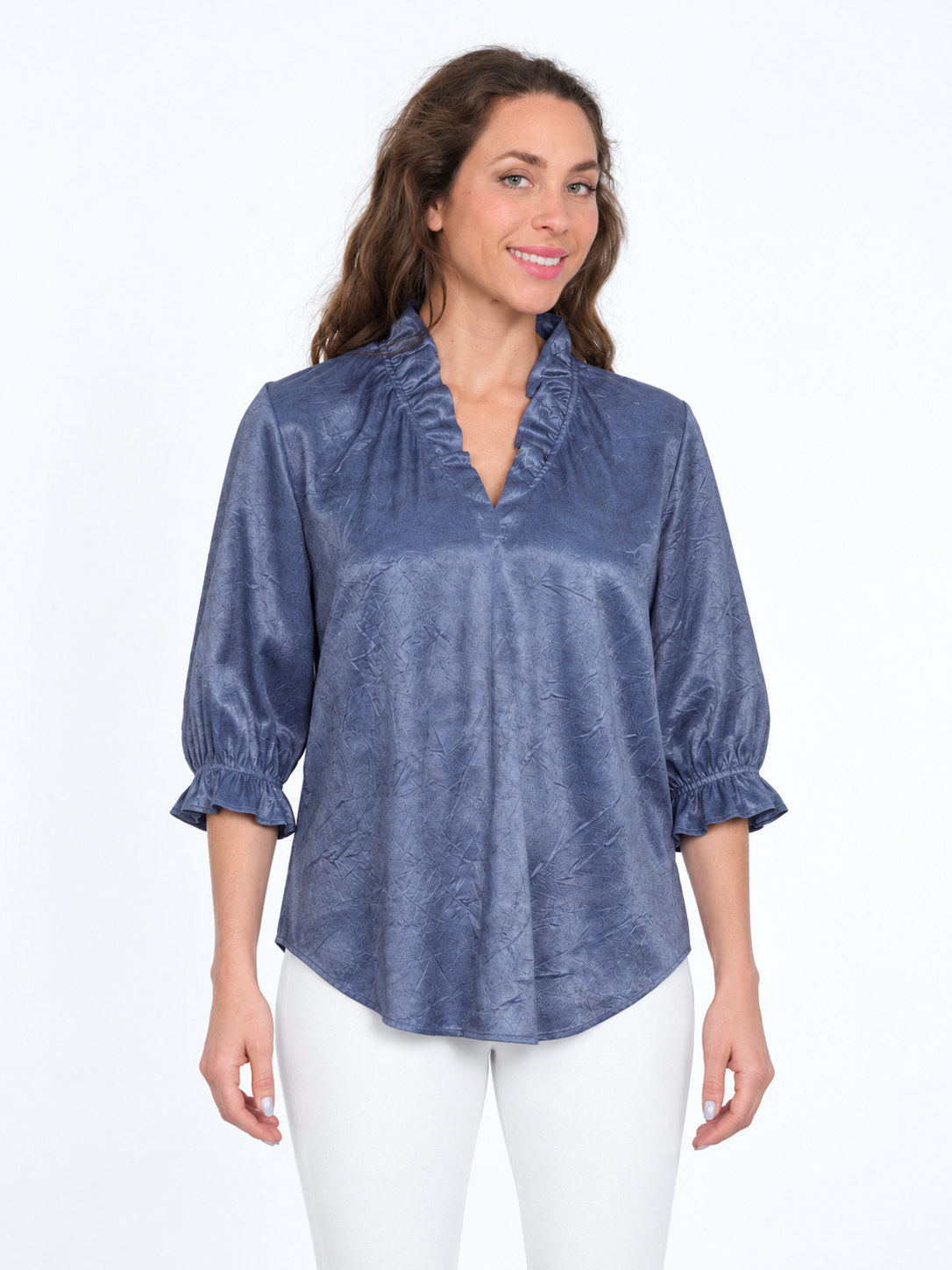 Women's Slate Blue 3/4 Ruffle Neck & V Neck Curve Hem Blouse - "Hailey"