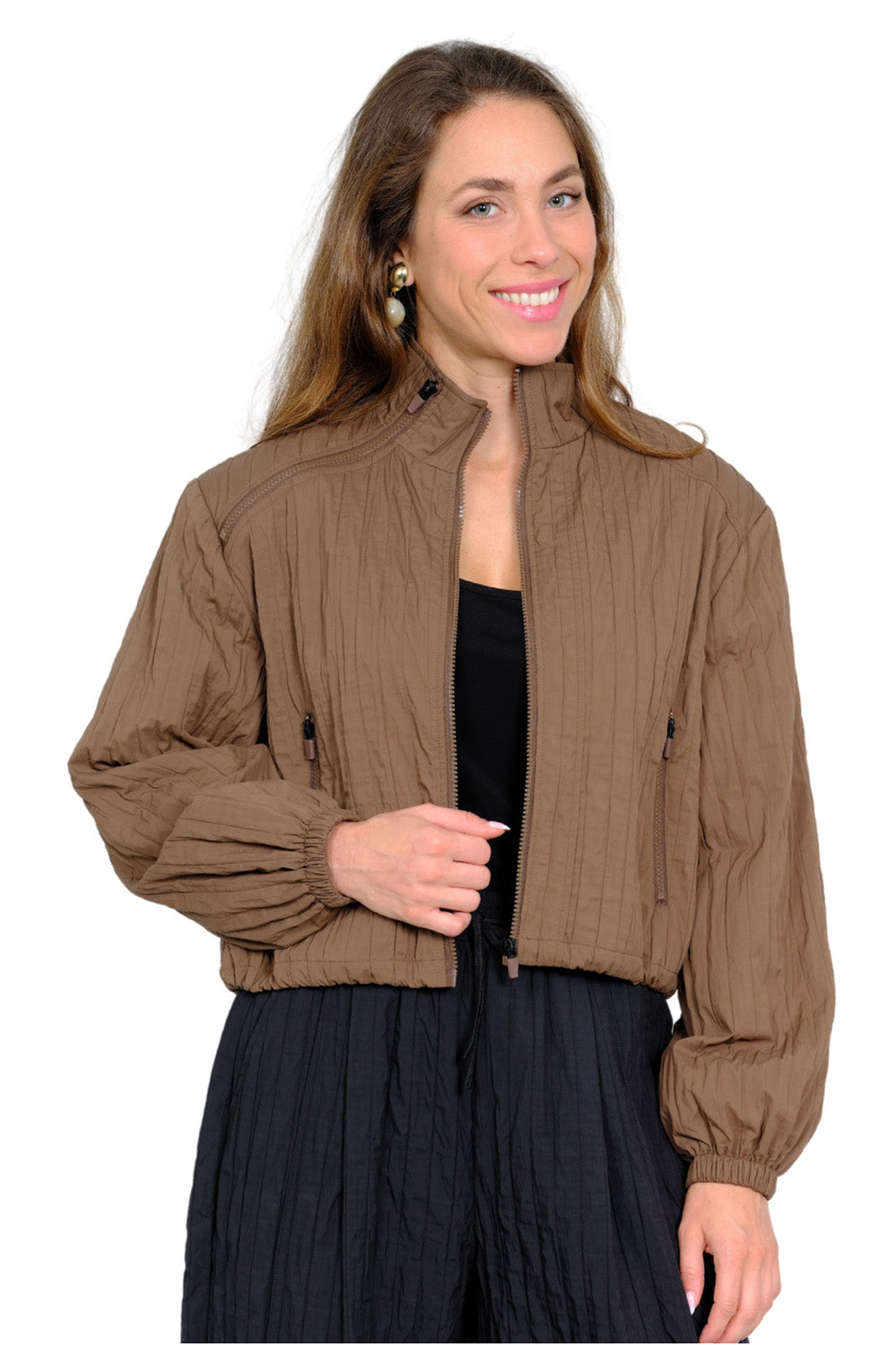 Lior Women's Crinkle Zip Bomber Jacket – Lightweight Mock-Neck Athleisure Layer (Brown/Mocha)