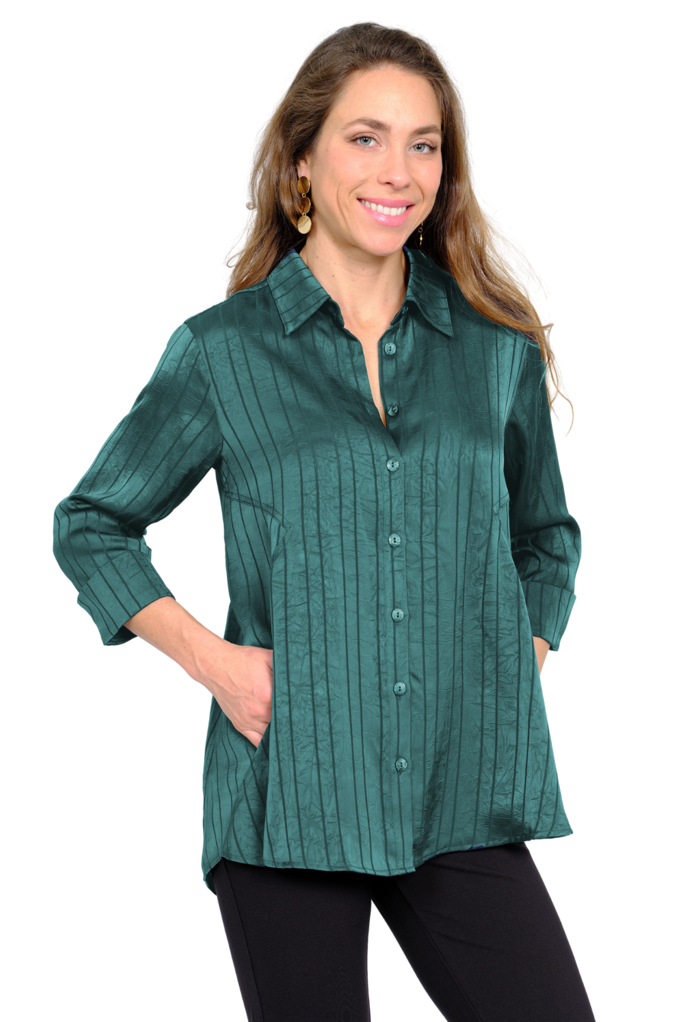 LIOR Women's 3/4 Emerald Green Collared Tunic With Satin-Feel Button-Front - "Valor"