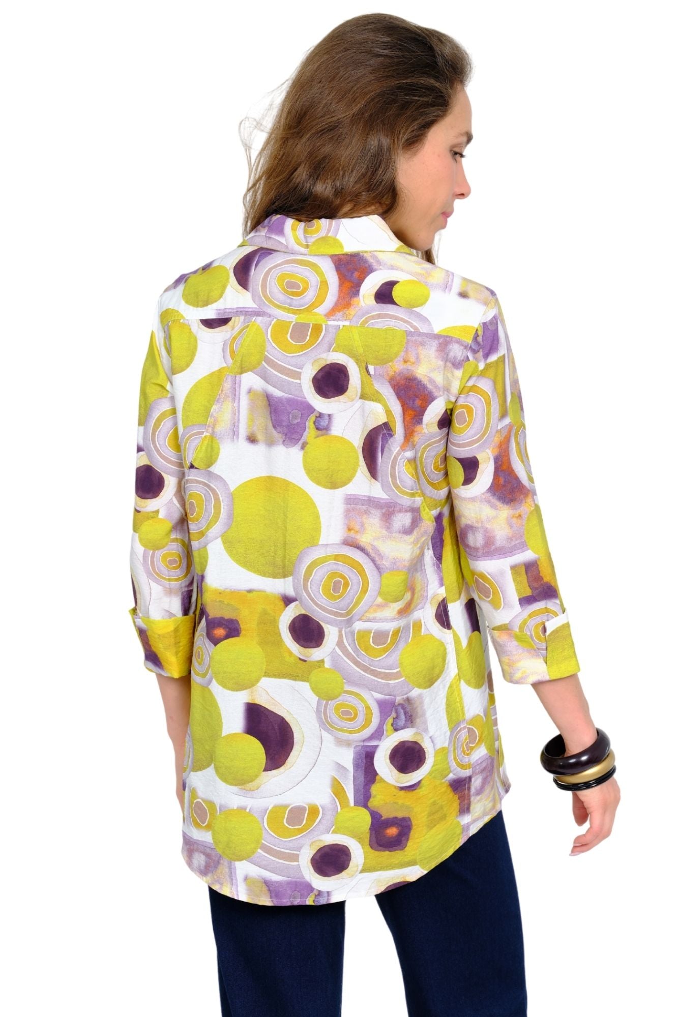 Women's button down tunic top in lime green with stylish long sleeves