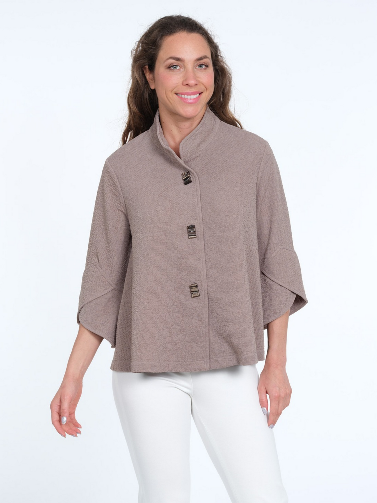 Women's Taupe Three-Button Textured Stand Collar Jacket Ft 3/4 Tulip Sleeves - "Vaya"