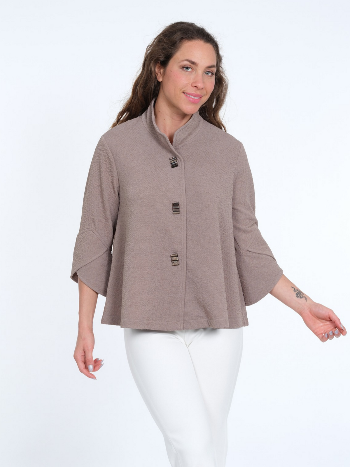 Women's Taupe Three-Button Textured Stand Collar Jacket Ft 3/4 Tulip Sleeves - "Vaya"