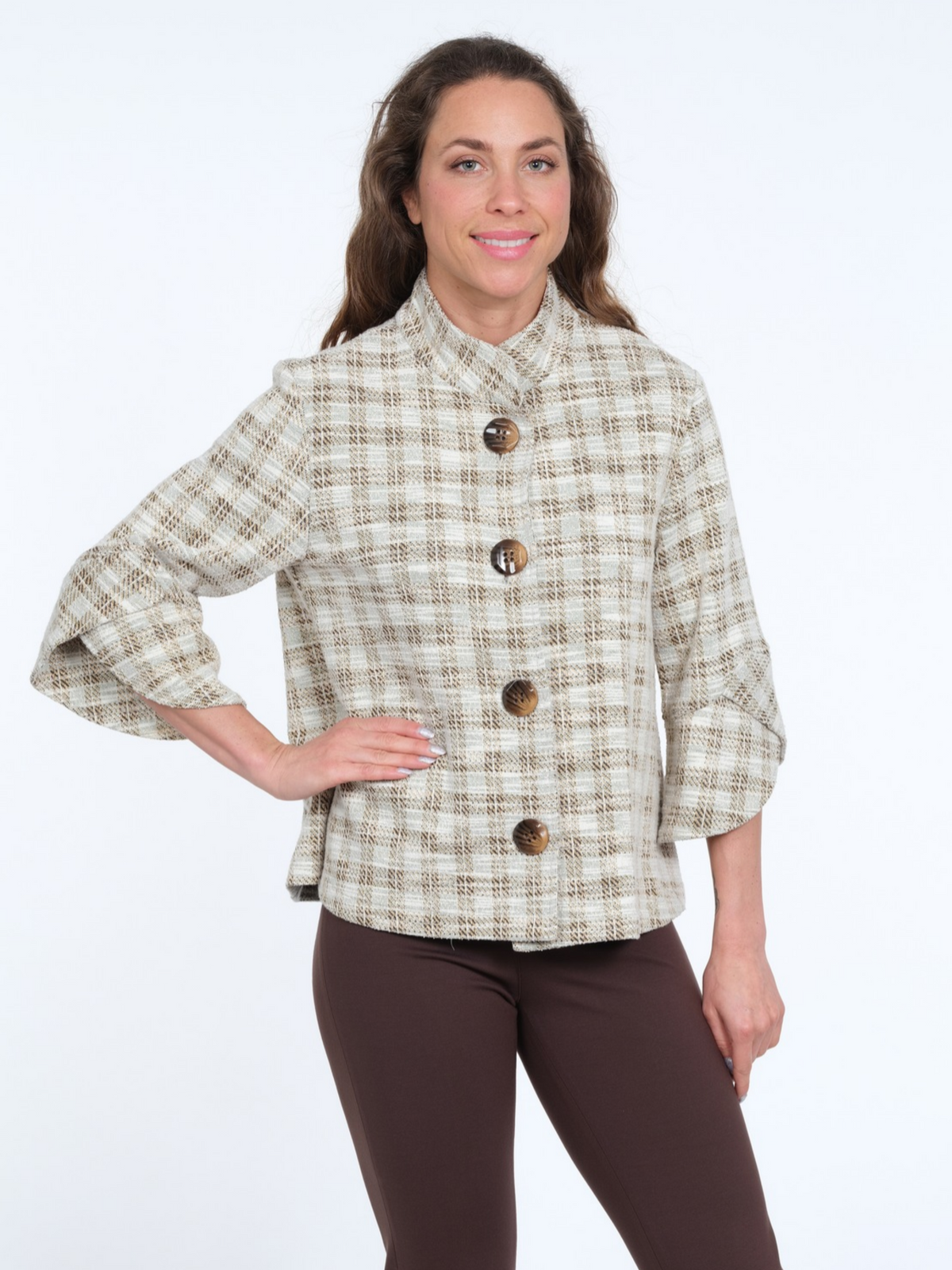 Women's Cream & Taupe Plaid Four-Button Textured Stand Collar Jacket Ft 3/4 Tulip Sleeves - "Vaya"