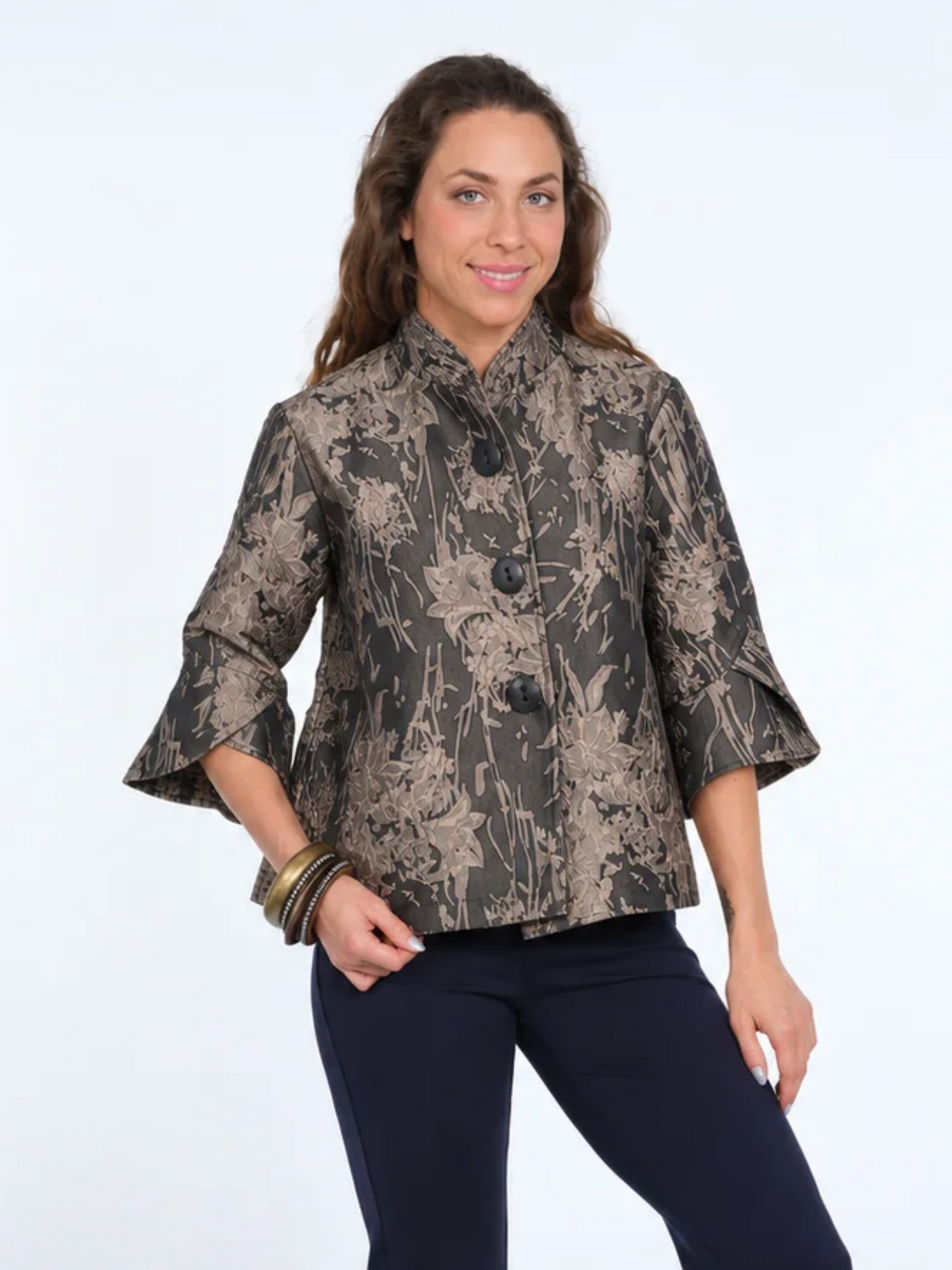 Women's Floral Taupe Jacquard Three-Button Textured Stand Collar Jacket Ft 3/4 Tulip Sleeves - "Vaya"