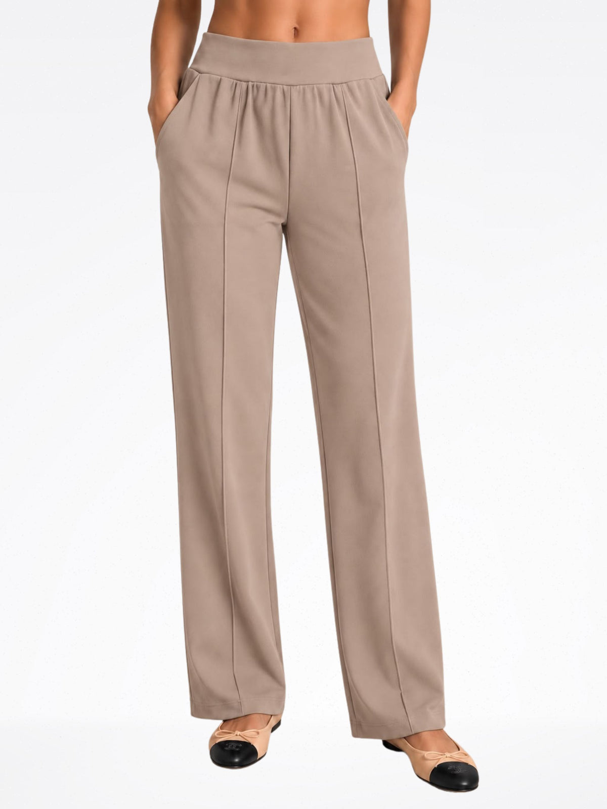 Women's 2 Piece Soft Taupe Leisure Set Ft. Zofi 3/4 Knit Top & 28" Inseam Pull On Tapered Pant - "Zia"