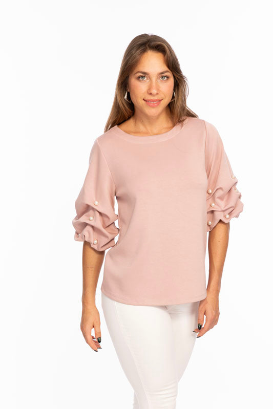 Soft Buttery Knit Petal Top With Pearls Puff Sleeves Detailing LIOR | ZILA