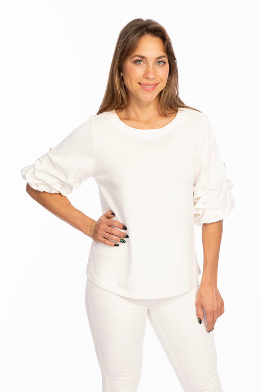 Soft Buttery Knit White Top With Pearls Puff Sleeves Detailing LIOR | ZILA