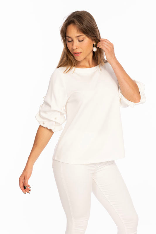 Soft Buttery Knit White Top With Pearls Puff Sleeves Detailing LIOR | ZILA