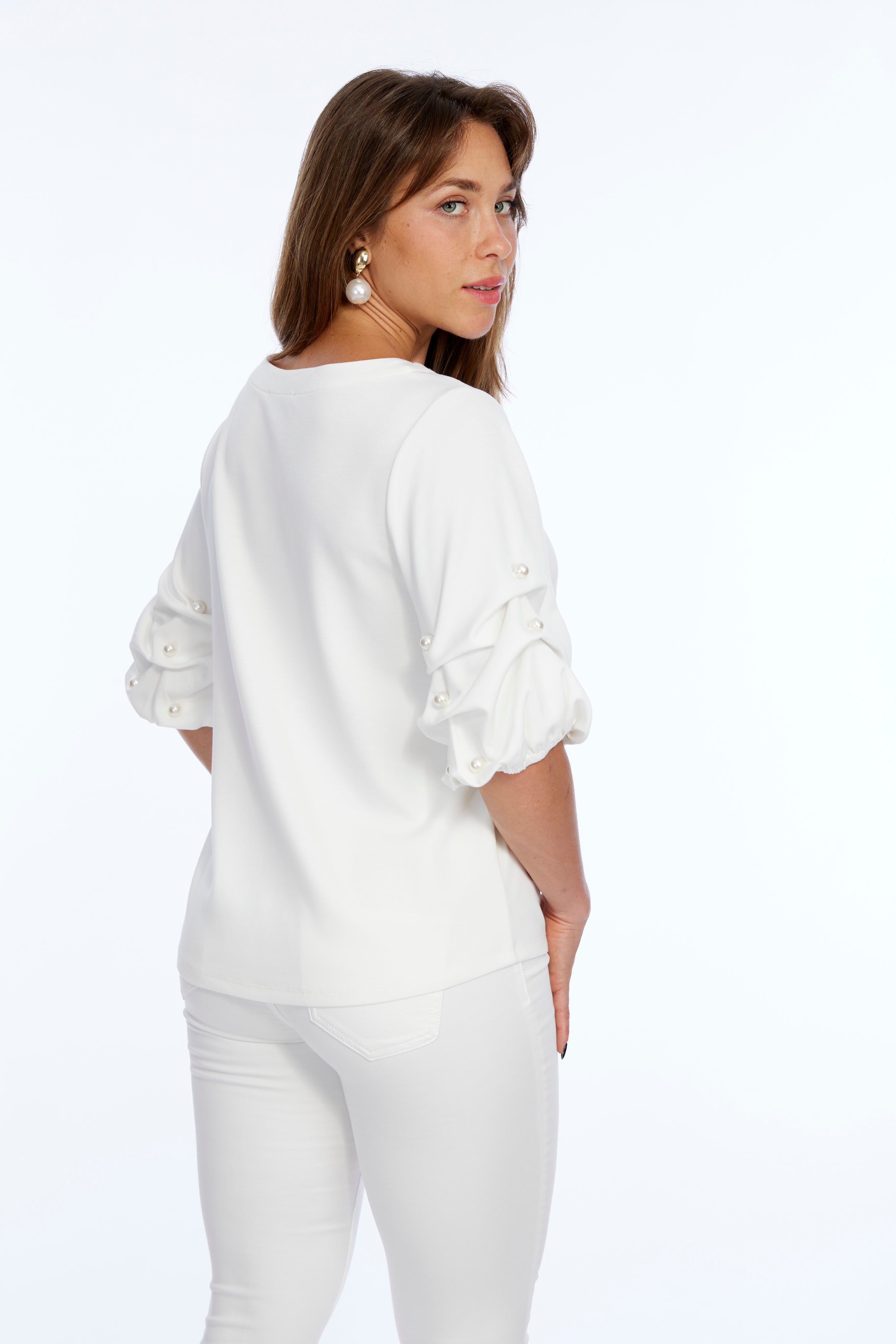 Soft Buttery Knit White Top With Pearls Puff Sleeves Detailing LIOR | ZILA