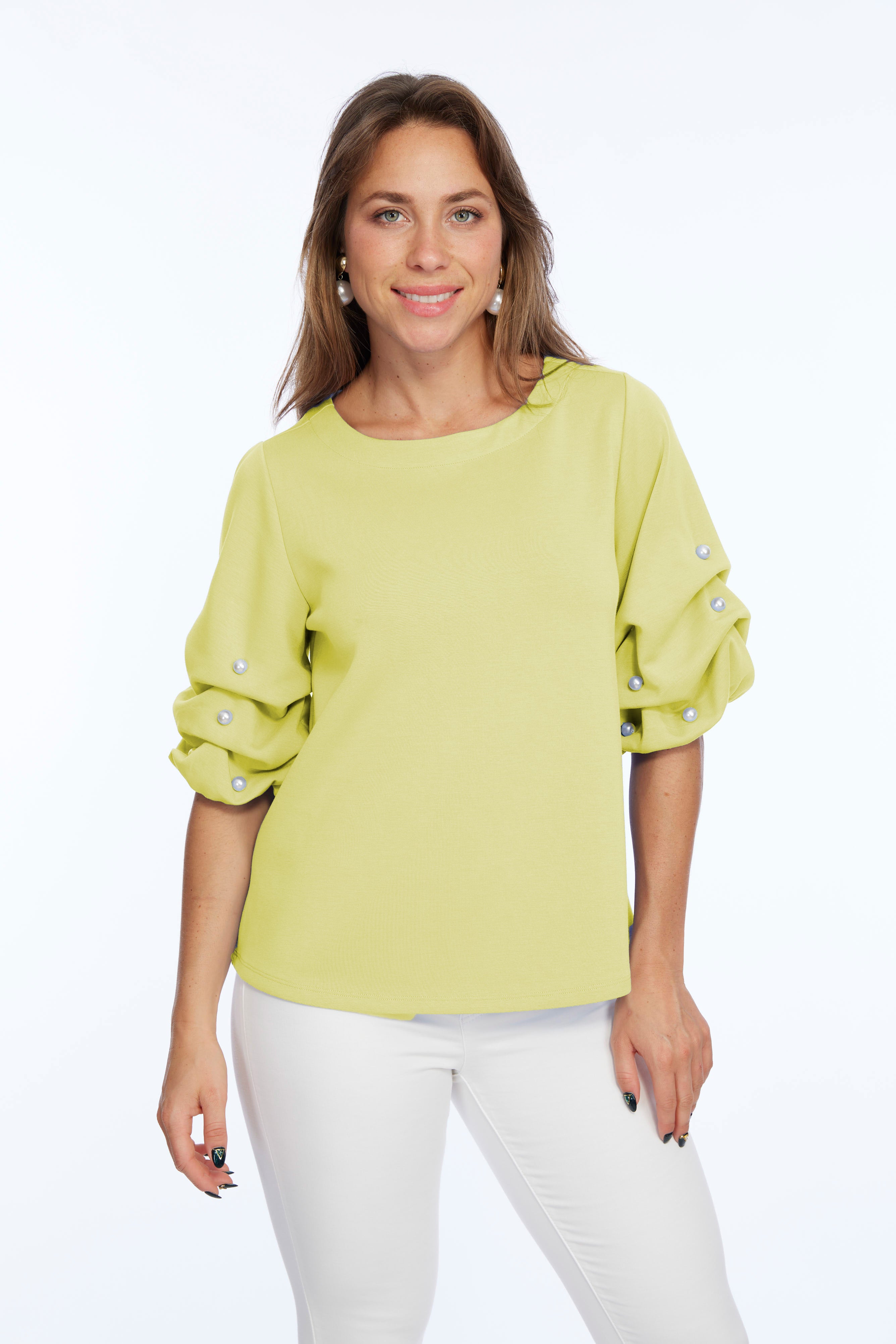 Soft Buttery Knit Lime Top With Pearls Puff Sleeves Detailing LIOR | ZILA