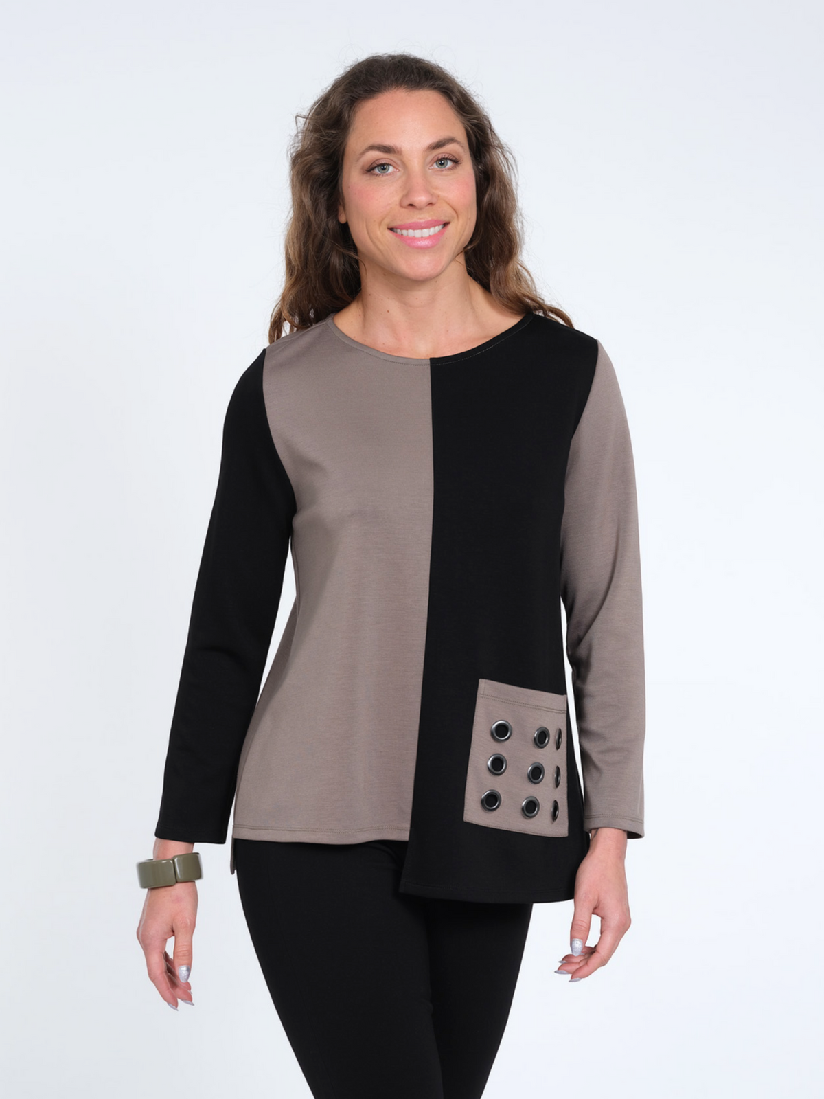 Women's Long Sleeve Knit Taupe Color Block With Grommet Details & Side Pockets - "Ziva"