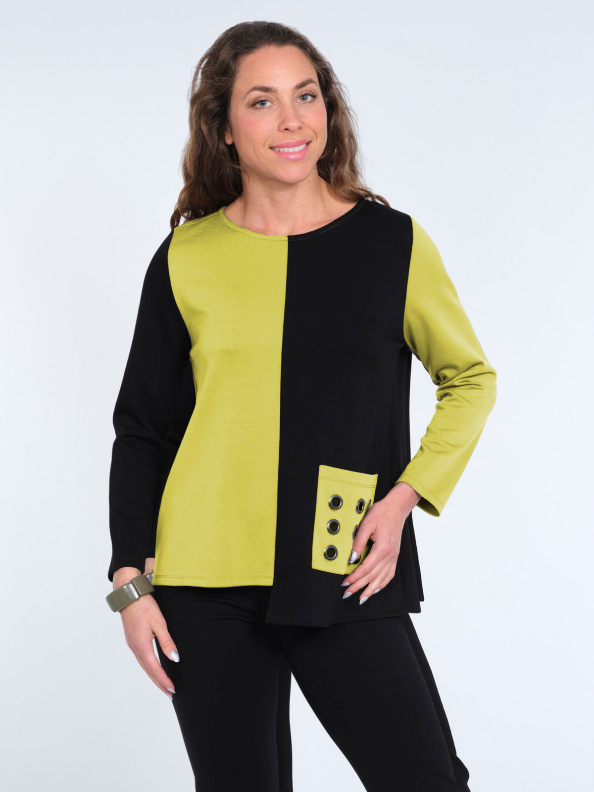 Women's Long Sleeve Knit Lime Color Block With Grommet Details & Side Pockets - "Ziva"