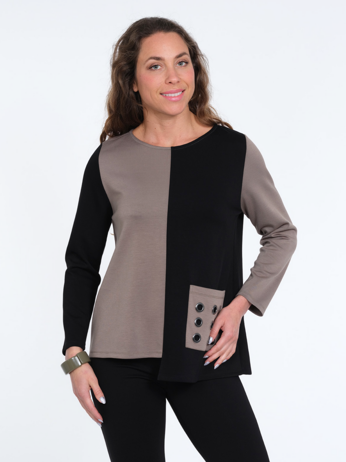 Women's Long Sleeve Knit Taupe Color Block With Grommet Details & Side Pockets - "Ziva"
