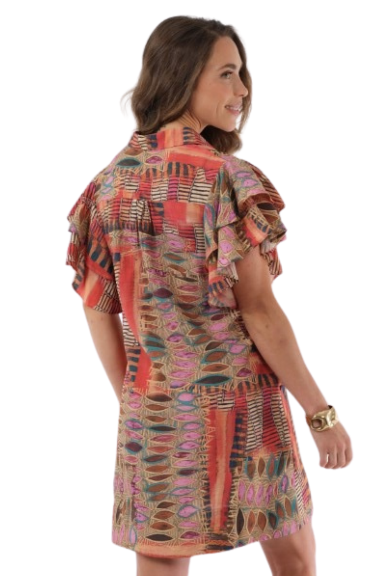 LIOR Women's Tribal Print Knee Length Dress With Collar & Flounce Sleeves Side Pockets - "Ace"