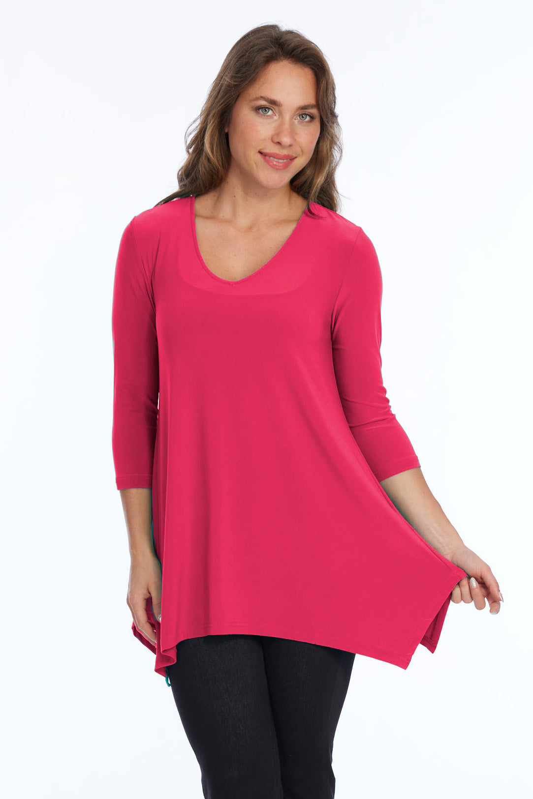 Alisha D High Low V Neck Tunic Top 3/4 Sleeves - Lipstick