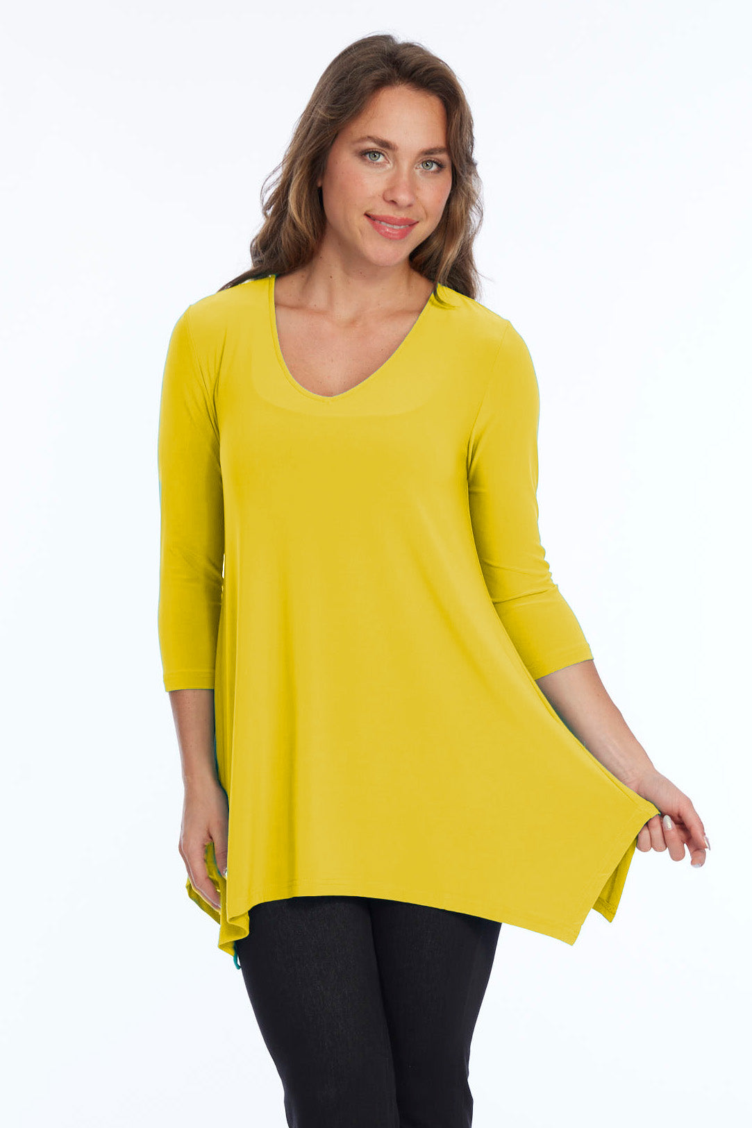 Alisha D High Low V Neck Tunic Top 3/4 Sleeves - Sunglow