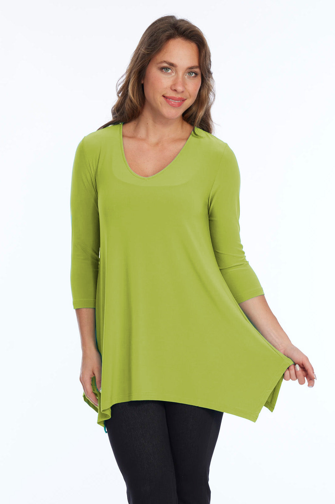Alisha D High Low V Neck Tunic Top 3/4 Sleeves - Apple Green