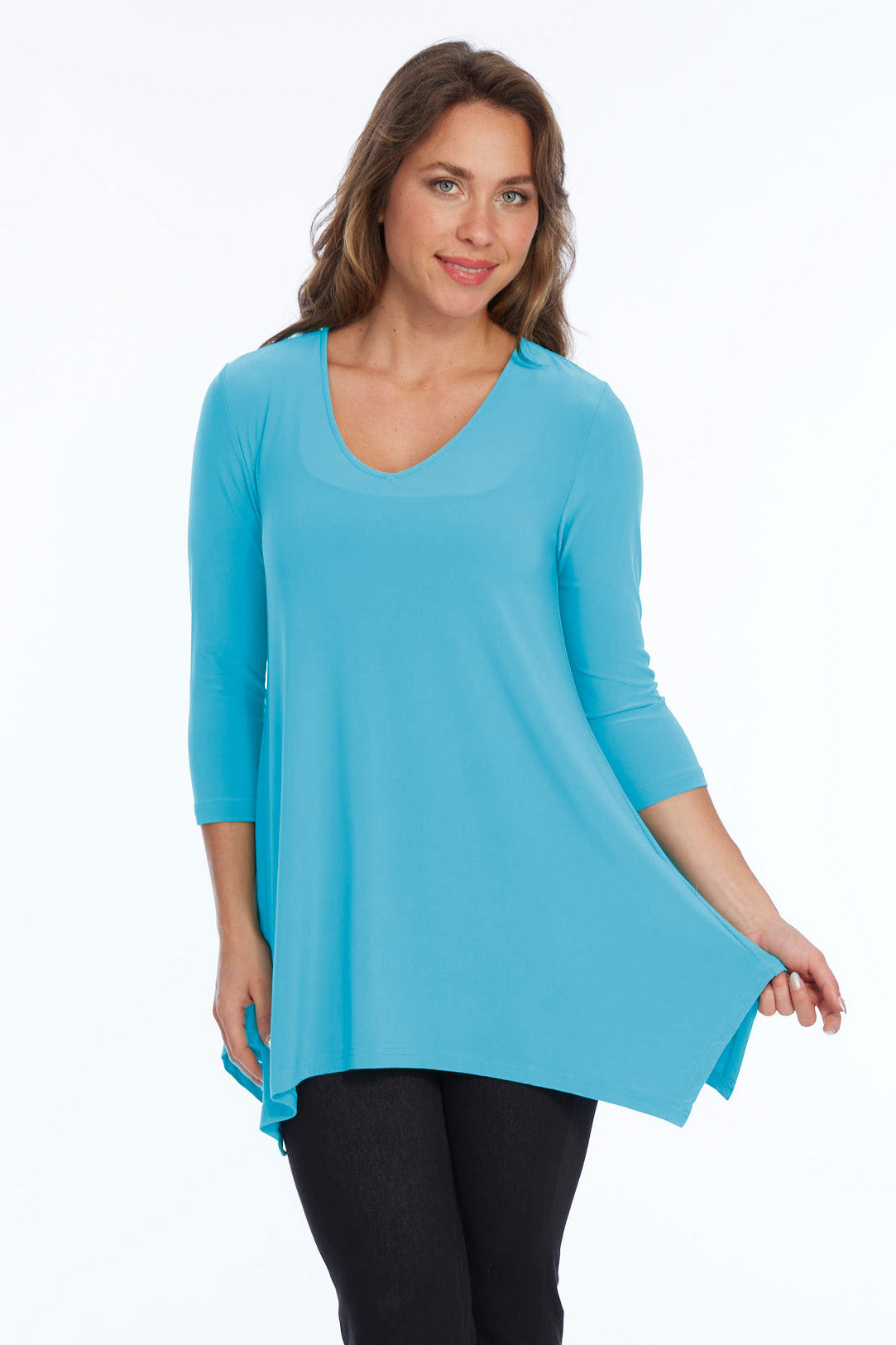 Alisha D High Low V Neck Tunic Top 3/4 Sleeves - Aqua