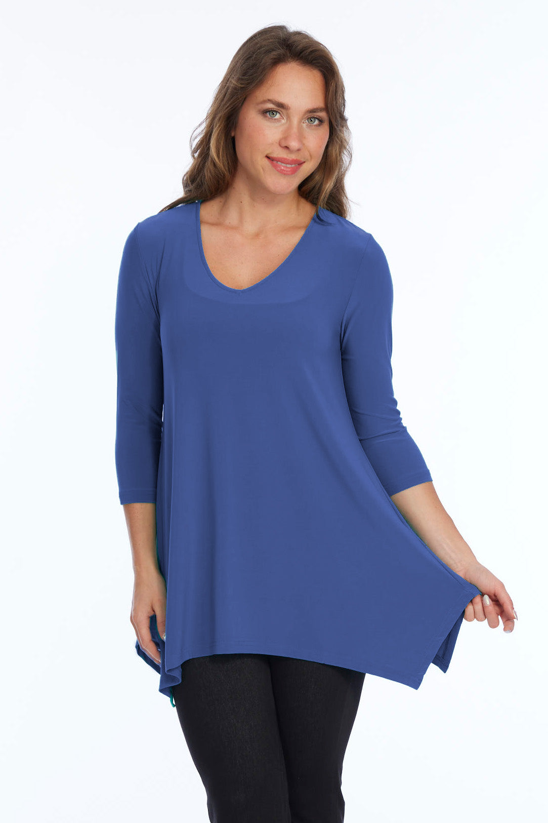 Alisha D High Low V Neck Tunic Top 3/4 Sleeves - Bahama Blue