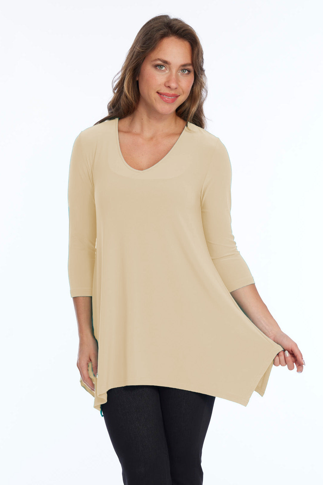 Alisha D High Low V Neck Tunic Top 3/4 Sleeves - Creamy