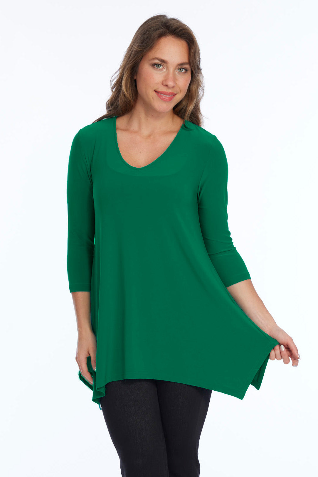 Alisha D High Low V Neck Tunic Top 3/4 Sleeves - Emerald