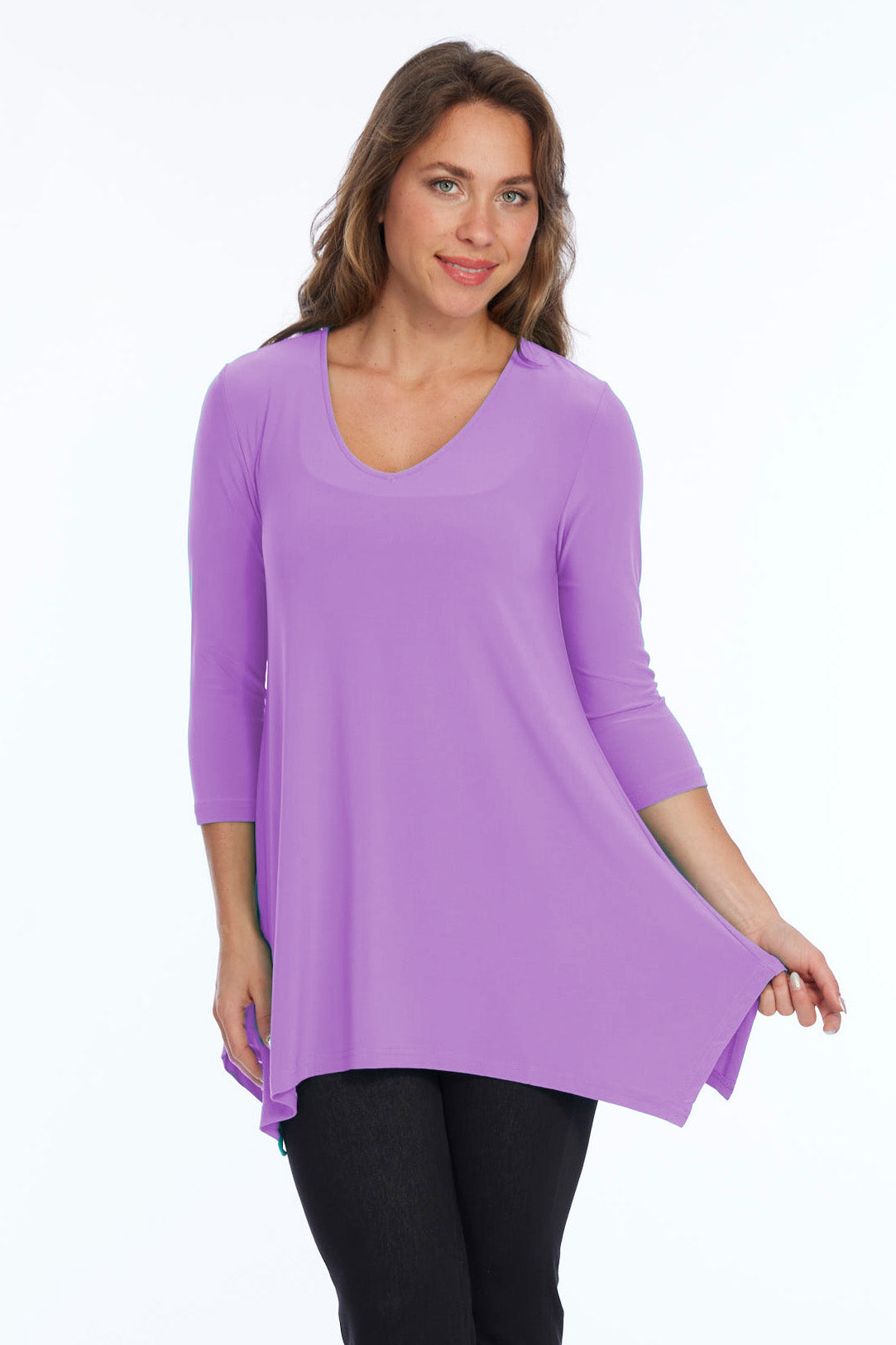 Alisha D High Low V Neck Tunic Top 3/4 Sleeves - Lavender