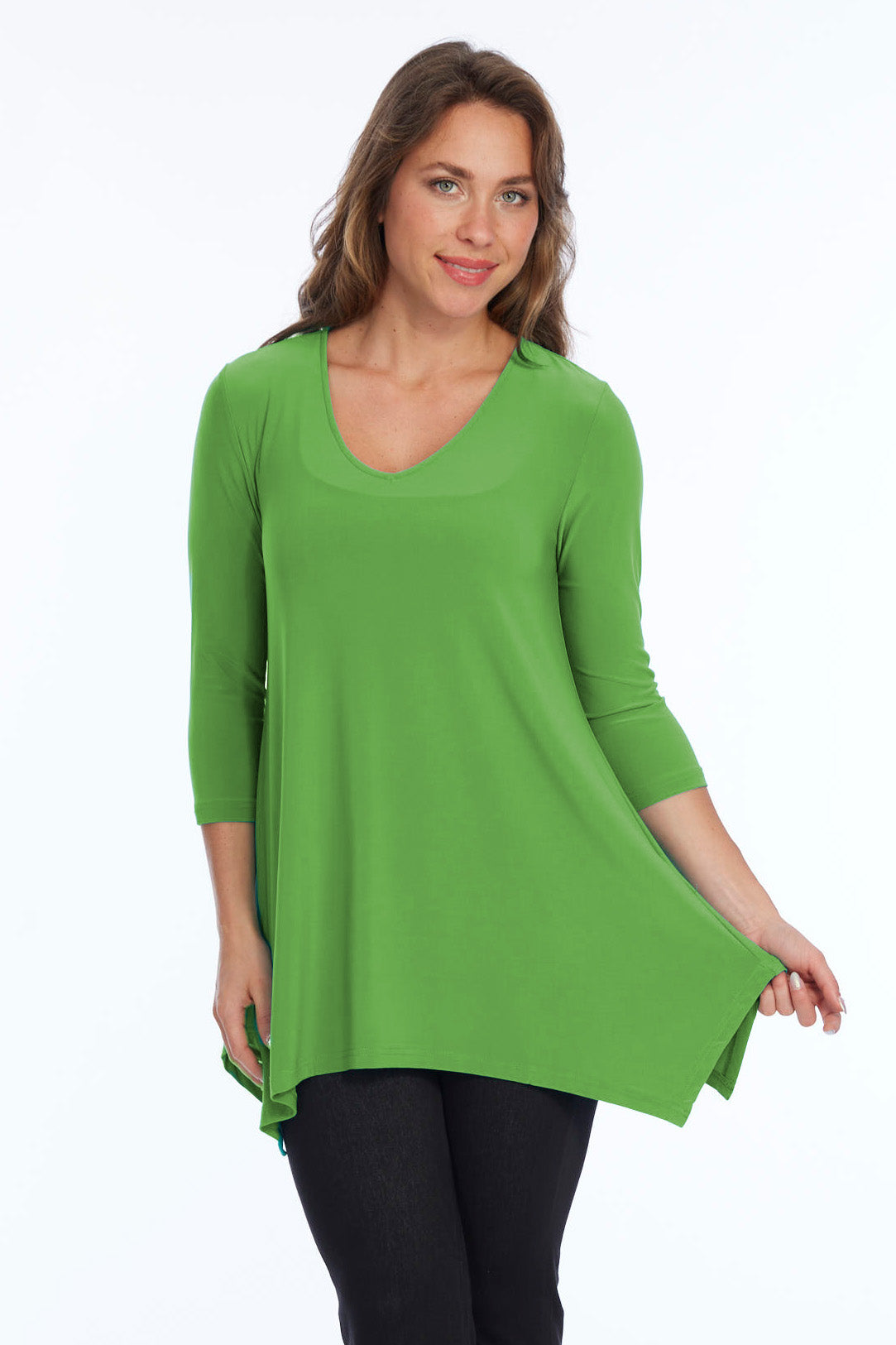 Alisha D High Low V Neck Tunic Top 3/4 Sleeves - Lime