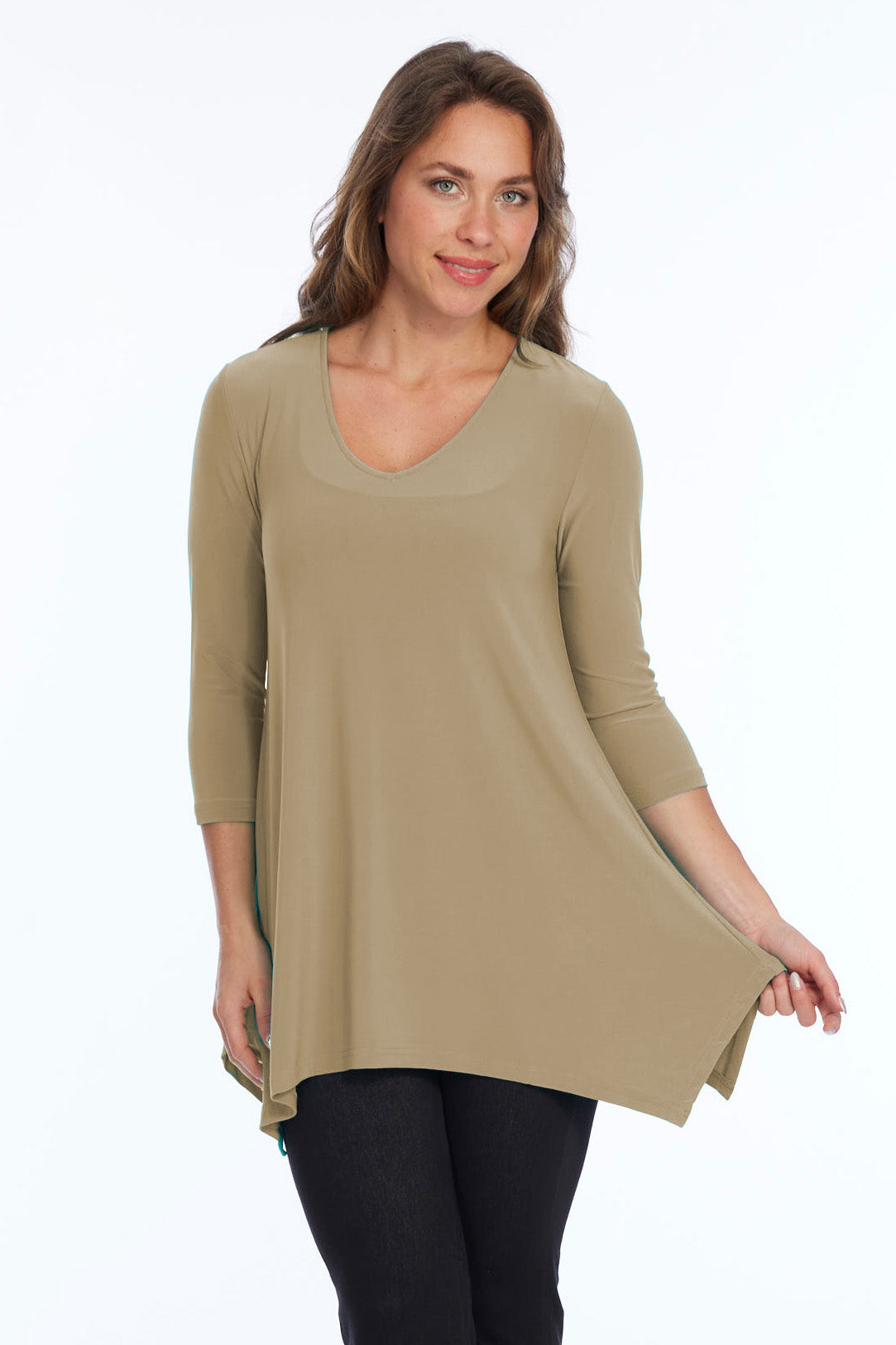 Alisha D High Low V Neck Tunic Top 3/4 Sleeves - Lt Taupe