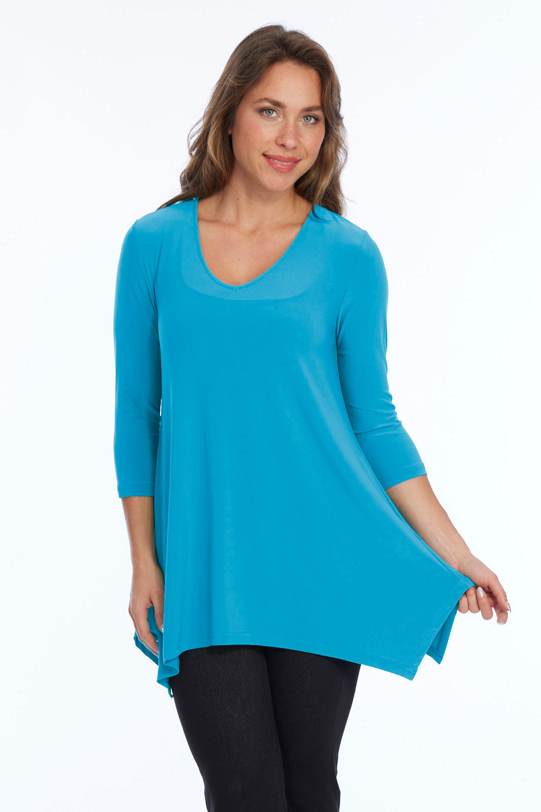 Alisha D High Low V Neck Tunic Top 3/4 Sleeves - Sky