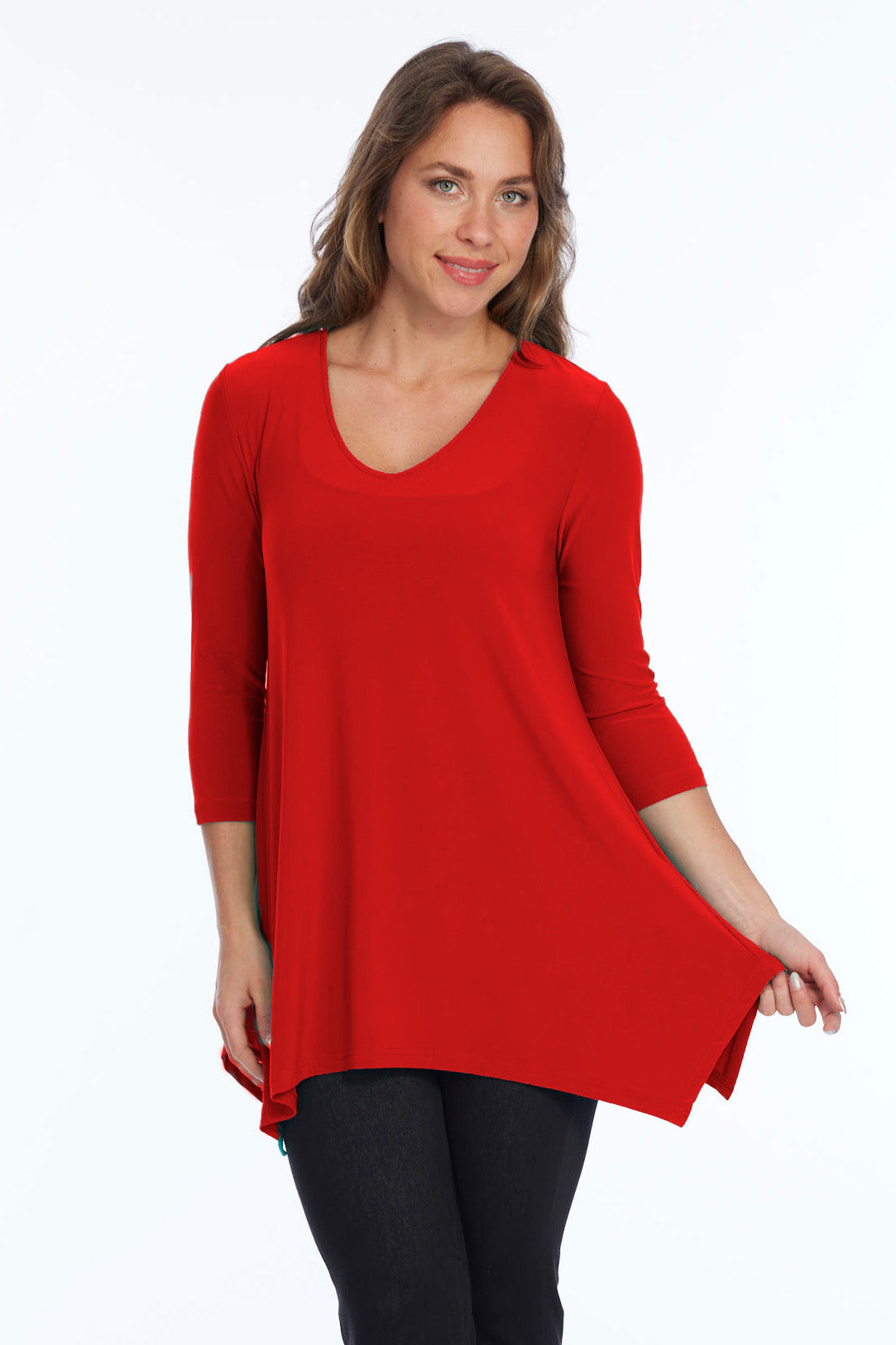 Alisha D High Low V Neck Tunic Top 3/4 Sleeves - Red