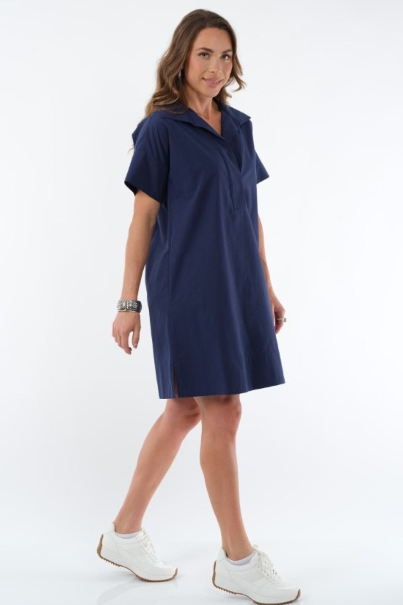 LIOR Women's Cotton Short Sleeve Knee Length Dress With Collar Side Pockets - "Agnes"